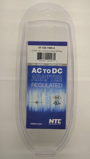 12VDC 1,500mA AC Adapter Regulated 2.1/5.5mm Tip+