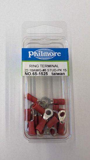 Ring Terminal Insulated 22-18Awg #8 Stud (15Pk) Red Vinyl