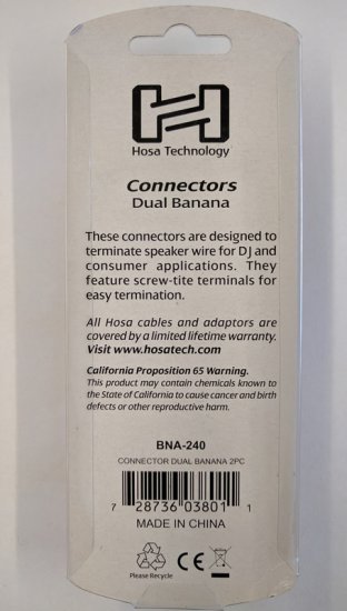 Connector, Dual Banana, Wide Opening, Gold Plated (2Pk)