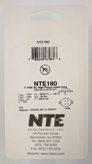 NTE180 T-PNP, Si, High Power Audio Amp (Compl to NTE181)