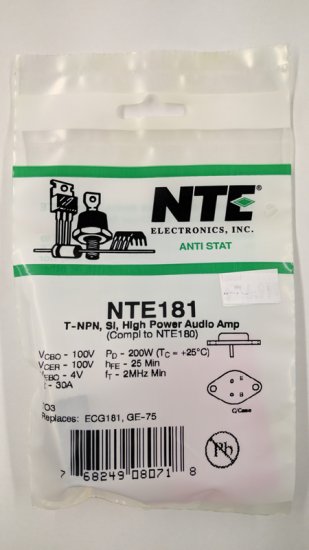 NTE181 T-NPN, Si, High Power Audio Amp (Compl to NTE180)