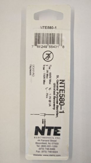 NTE580-1 Gen Purp Si Rectifier Ultra Fast Recovery 600V, 3A 75NS