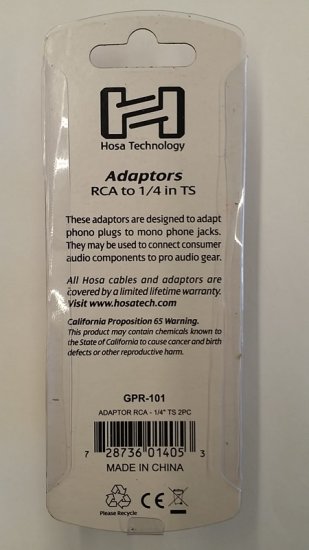 Adaptor RCA to 1/4in TS (2Pk)