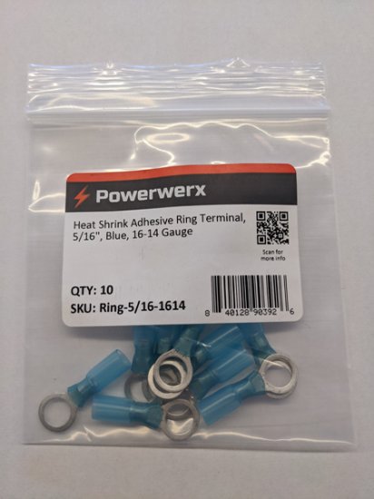 Heat Shrink Adhesive Ring Terminal, 5/16", Blue, 16-14 Awg 10Pk