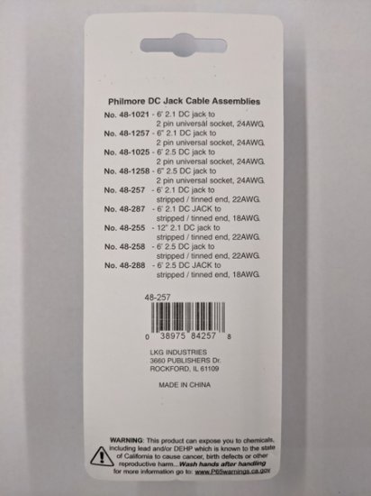 Size M 5.5/2.1mm Coaxial DC Power Jack In-Line 6' Leads 22Awg
