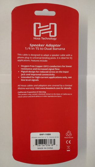 Speaker Adaptor Hosa 1/4in TS to Dual Banana Black 16Awg