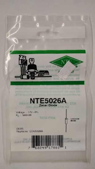 NTE5026A Zener Diode 17.0V 1/2W, DO35
