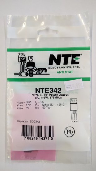 NTE342 T-NPN, Si, RF Power Output, High Freq (PO 6W, 130-175MHz)
