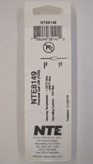 NTE8149 Thermal Fuse 152°C/306°F 15A Axial