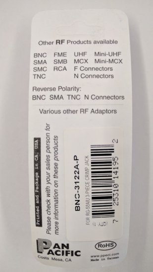 BNC Jack 3-Piece Crimp-On RG-58/AU