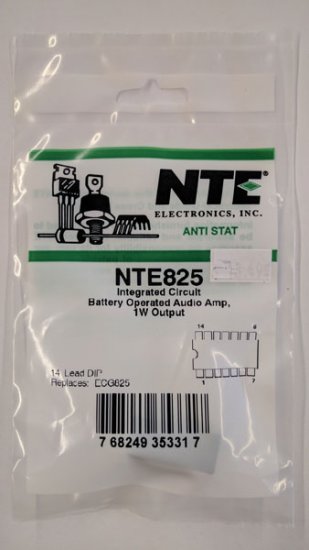 NTE825 IC, Batery Operated Audio Amp, 14-Lead DIP