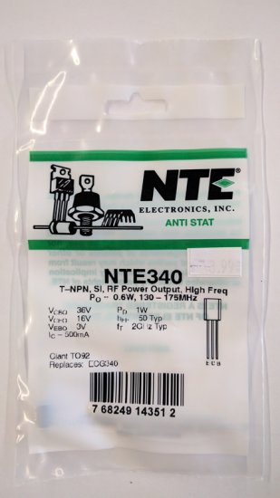 NTE340 T-NPN, Si, RF Pwr Output, High Freq (PO 0.6W, 130-175MHz)