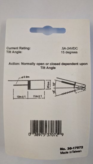 Non-Mercury Tilt Switch 0.5A@24VAC 15* N.O./N.C.