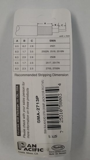 SMA Bulkhead Jack 3-Piece Crimp RG-174/U RG-316/U (Gold)