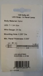 Green 125VAC Snap In Panel Lamp 5mm LED 20mA with 6" Leads