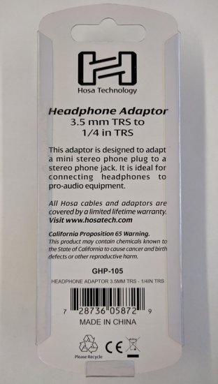Headphone Adaptor, 3.5 mm TRS to 1/4 in TRS, Gold Plated