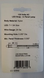 Amber 125VAC Snap In Panel Lamp 5mm LED 20mA with 6" Leads
