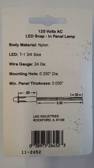 Amber 125VAC Snap In Panel Lamp 5mm LED 20mA with 6" Leads