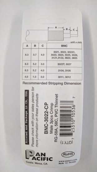 BNC Plug 3-Piece Crimp-On RG-58/AU