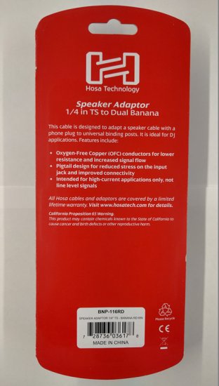 Speaker Adaptor Hosa 1/4in TS to Dual Banana Red 16Awg