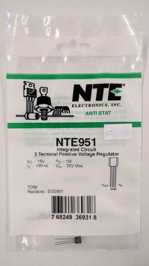 NTE951 IC, Positive 3 Terminal Voltage Regulator, 15V 100mA, TO9