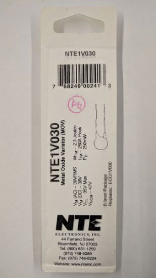 NTE1V030 MOV 30V RMS, 8.5mm, 2.3 Joules, ITM=250A, VCL=95V