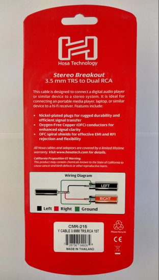 15Ft Stereo Breakout Cable 3.5mm TRS to Dual RCA