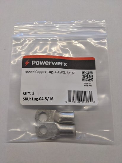 Tinned Copper Lug, 4 Awg, 5/16", 2Pk