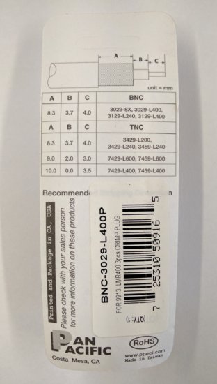 BNC Plug 3-Piece Crimp-On LMR-400