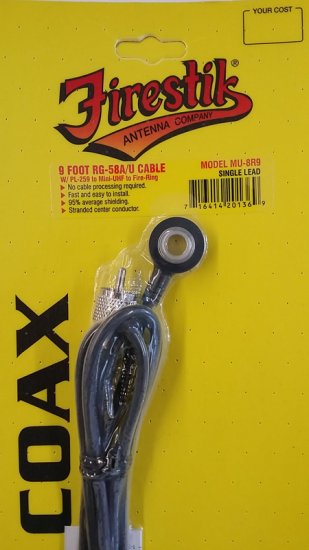 9Ft FireStik RG58A/U Coax Cable Mini-UHF w/PL-259 to FireRing