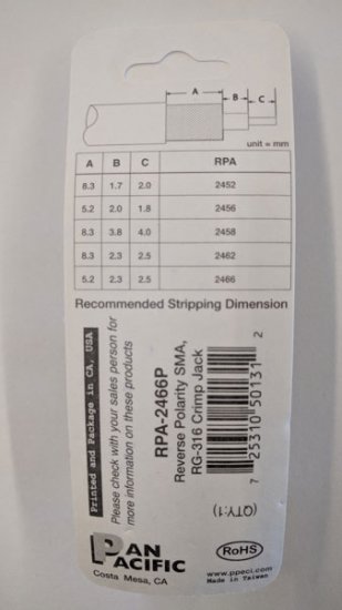 RP-SMA Jack 3-Piece Crimp-On RG-174 RG-316/U (Gold)