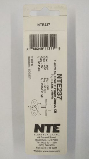 NTE237 T-NPN, Si, RF Pwr Output, CB (Po 3W, 27MHz)