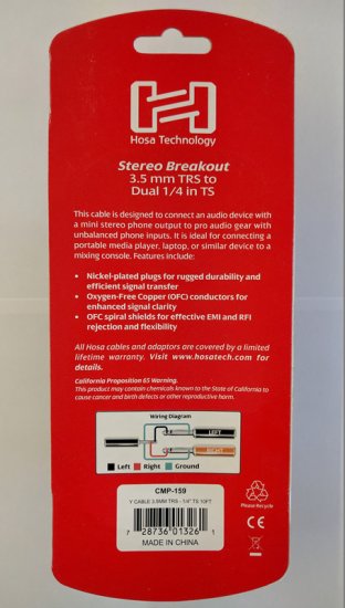 10Ft Stereo Breakout 3.5mm TRS to Dual 1/4in TS