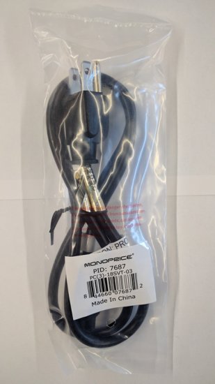 3Ft Black 18AWG AC Cord, NEMA 5-15P to IEC 60320 C5 "Mouse Ears"