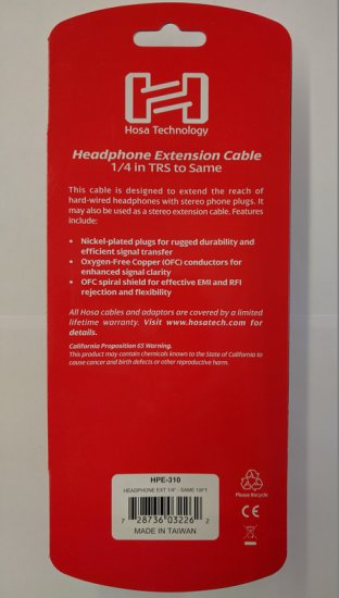 10Ft Headphone Extension Cable 1/4in TRS to 1/4in TRS