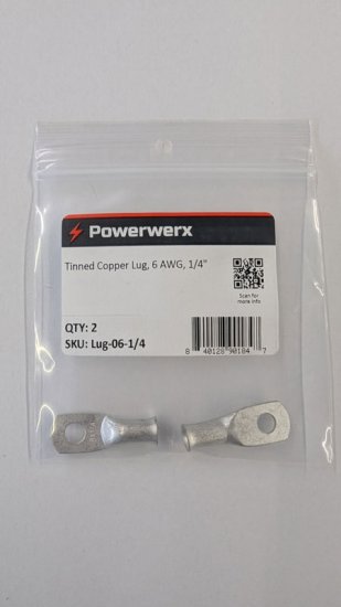 Tinned Copper Lug, 6 Awg, 1/4", 2Pk