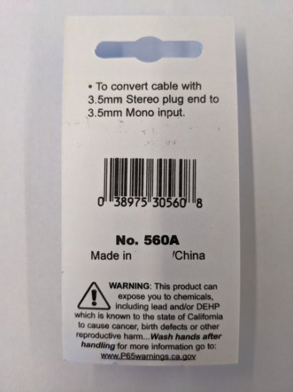 (3.5mm) 1/8" Stereo Jack to (3.5mm) 1/8" Mono Plug Adapter