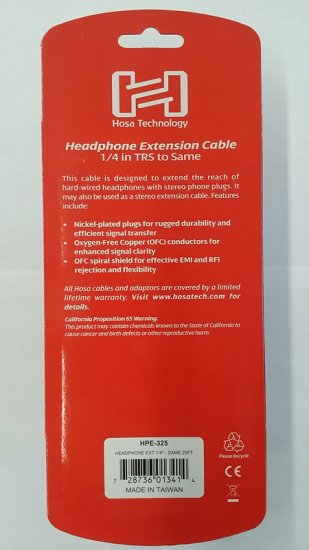 25Ft Headphone Extension Cable 1/4in TRS to 1/4in TRS