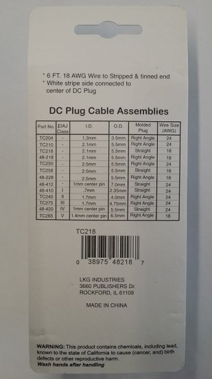 Size M 5.5/2.1mm Coaxial DC Power Plug In-Line 6Ft Leads 18Awg
