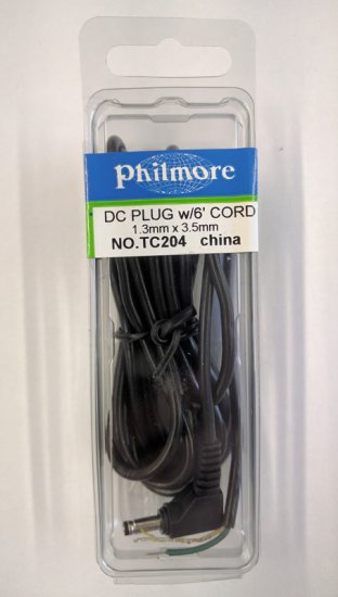 3.5/1.3mm 90° Coaxial DC Power Plug In-Line 6' Leads 24Awg