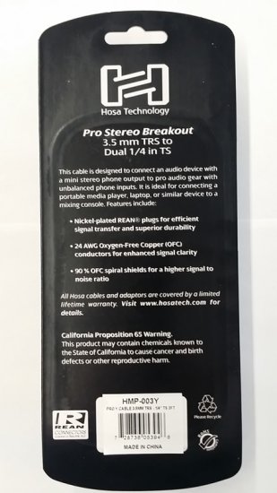 3Ft Pro Stereo Breakout Cable REAN 3.5mm TRS to Dual 1/4in TS