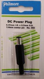 Size T 6.5/4.35/1.4mm Pin Coaxial DC Power Plug Inline w/Strain