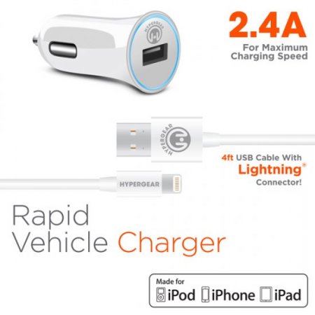 HyperGear 2.4A Rapid Car Charger w/4ft MFi Lightning Cable White