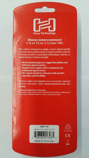 3Ft Mono Interconnect Cable 1/4in TS to 3.5mm TRS