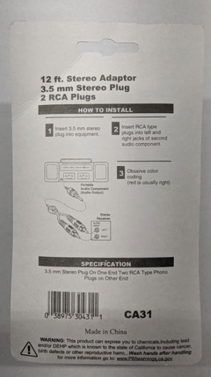 12Ft (3.5mm) 1/8" Stereo Male To (2) RCA Male