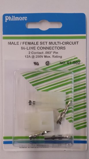 2 Pin Male/Female Pair 0.093" Pins 12A Mated Housings (Molex)