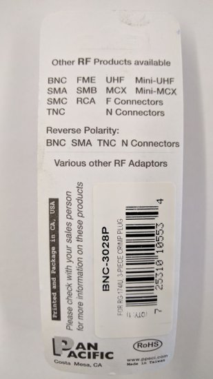 BNC Plug 3-Piece Crimp-On RG-174/U RG-316/U