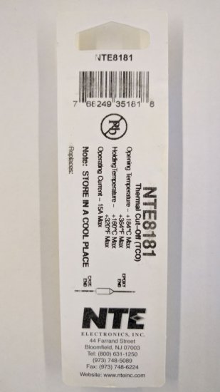 NTE8181 Thermal Fuse 184°C/363°F 15A Axial
