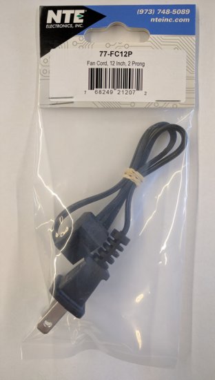 Fan Cord 45°, 12" Long, 2 Prong AC Plug