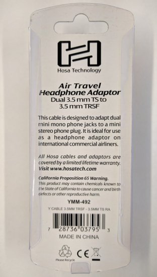 6In Air Travel Headphone Adaptor 3.5mm TRSF to Dual 90° 3.5mm TS